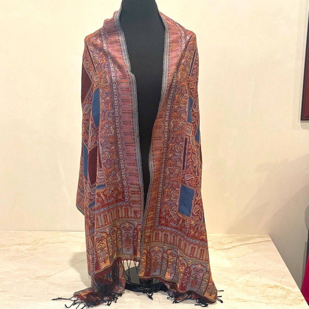 Hand-Embroidered Afghan-Style Scarf / Wrap – Burgundy & Blue, 78" x 27"